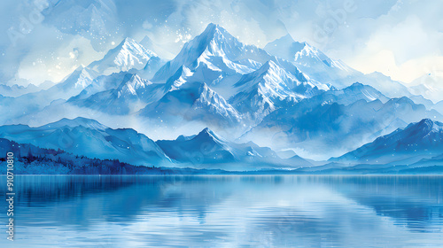 Abstract watercolor mountains with lake and snow