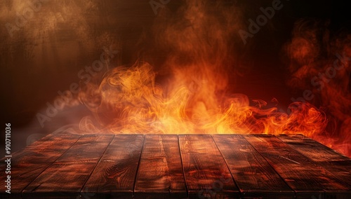 Wooden Tabletop with Fire and Smoke Background