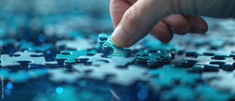 Precision and Solution - Close-up of a Hand Placing Puzzle Piece into Its Spot Precision and Solution - Close-up of a Hand Placing Puzzle Piece into Its Spot
