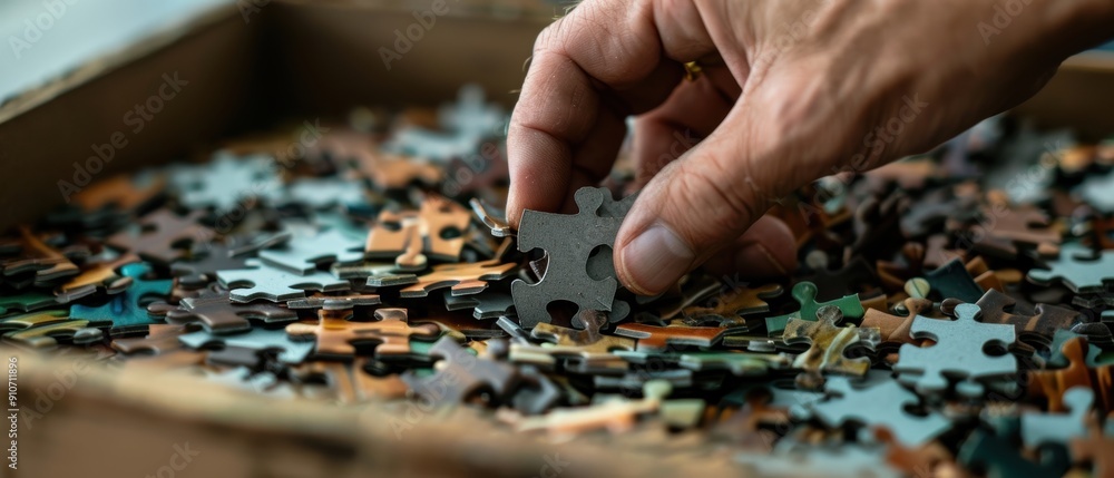 Organizing the Pieces of the Puzzle - Close-up of Hands Carefully Placing Jigsaw Puzzle Pieces in a Box Organizing the Pieces of the Puzzle - Close-up of Hands Carefully Placing Jigsaw Puzzle Pieces in a Box