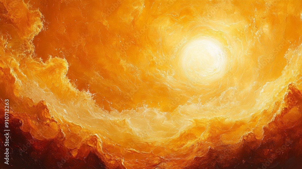 Swirling golden clouds surrounding bright sun Swirling golden clouds surrounding bright sun