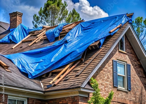 roof construction and repair scene with tarp sheet cover photo