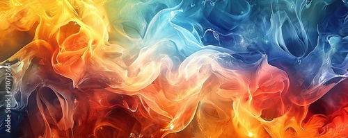 Abstract Swirling Liquid in Shades of Red, Orange, Blue and White