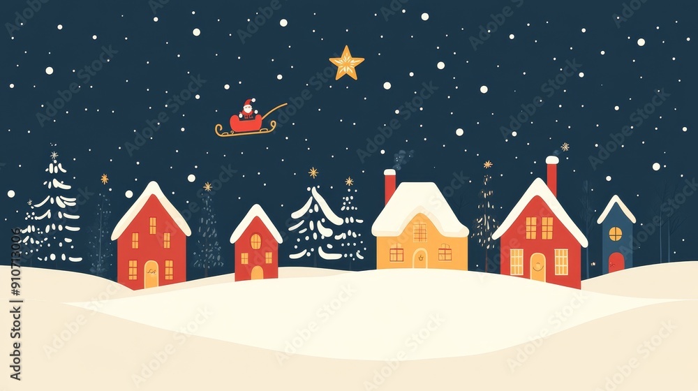 Simple Christmas scene vector illustration, houses and trees in snow, simple shapes and lines, aesthetic graphic design, perfect as a Christmas card template Simple Christmas scene vector illustration, houses and trees in snow, simple shapes and lines, aesthetic graphic design, perfect as a Christmas card template