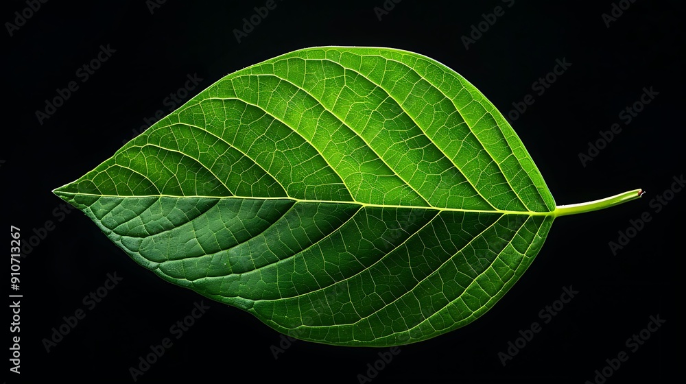 Obraz premium A single green leaf isolated against a black background.