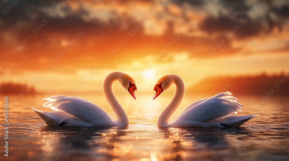 Fototapeta premium Two Swans Facing Each Other at Sunset