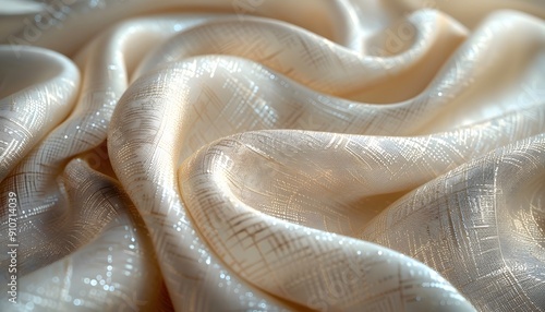 Close-up of a shimmering, cream-colored fabric with a subtle patterned texture