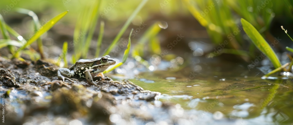 Exploring Nature: Observing Tadpoles in a Pond Surrounded by Lush Green Grass Exploring Nature: Observing Tadpoles in a Pond Surrounded by Lush Green Grass