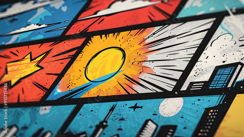 Colorful comic book background illustration vibrant pop art style superhero graphic novel cover design retro cartoon backdrop speech bubble action animation comic strip panel vintage comic book