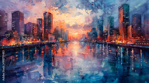 Watercolor cityscape painting urban landscape city lights modern art sunset illustration architecture city view painting