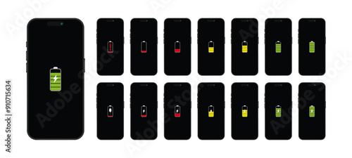 Smartphone Batteries and Charging status on screen Illustration - Vector Icons for Mobile Devices, Battery Levels, Run out of battery and Charging. Vector.