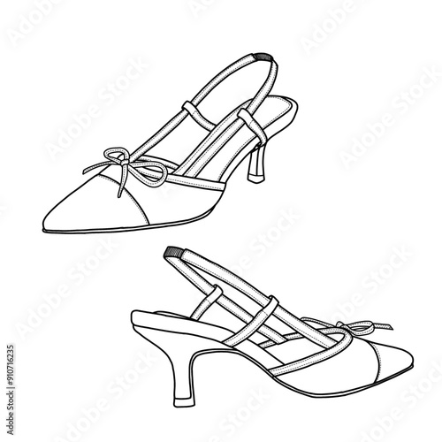 Template vector women's bow tie slingback pumps pointed toe kitten low heel hand-drawn collection, suitable for your custom kitten heels design. Outline vector doodle illustration