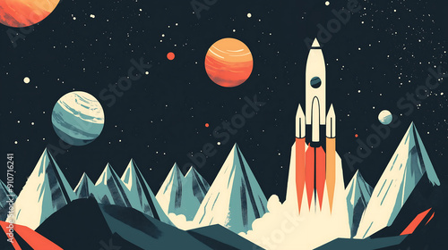 Fototapeta Naklejka Na Ścianę i Meble -  flat illustration of an open space with mountains, planets and stars in the background