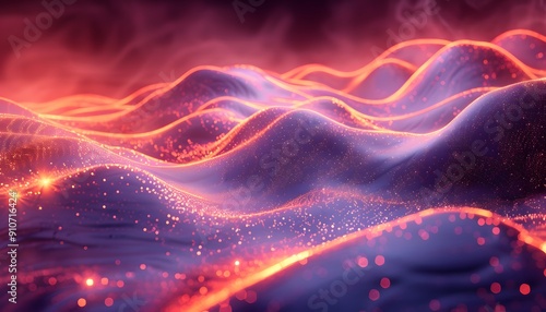 Abstract purple and orange landscape with glowing lines and particles