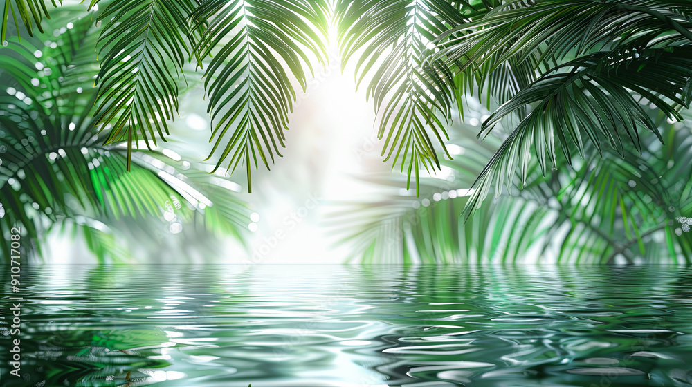 Tropical background green palm leaves sunlight reflection water surface nature summer concept banner Tropical background green palm leaves sunlight reflection water surface nature summer concept banner