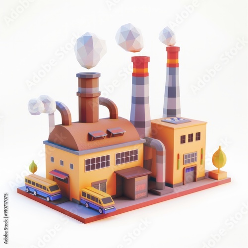 3D Render, Low Poly style of Toy Block Factory, on isolated white background, Generative AI