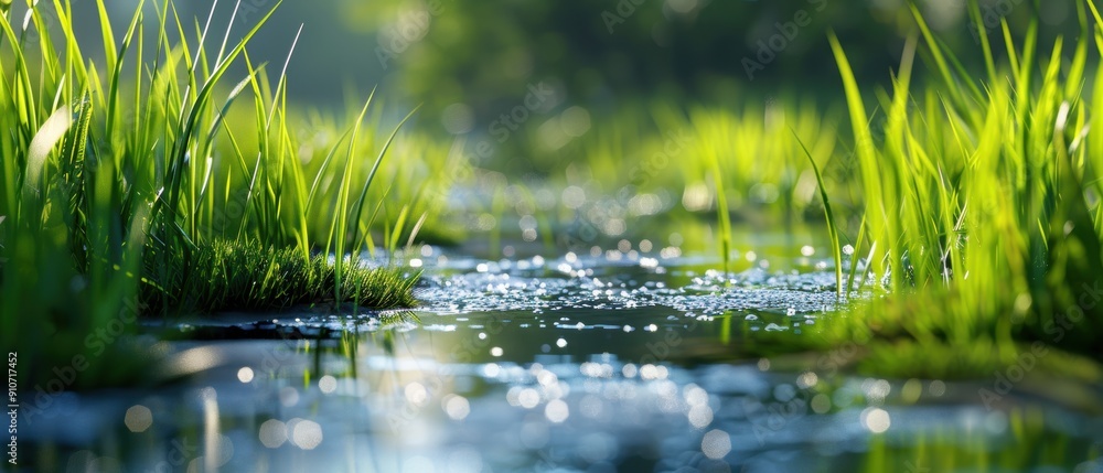 Tranquil Pond Scene with Lush Grass Surroundings - Peaceful Water Reflections in Nature Tranquil Pond Scene with Lush Grass Surroundings - Peaceful Water Reflections in Nature