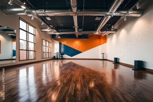 Large and light hall with mirrors, music, equipment for dancing, sports. Group fitness room. Modern loft interior design. Empty space for fitness and workout. Gym equipment background photo