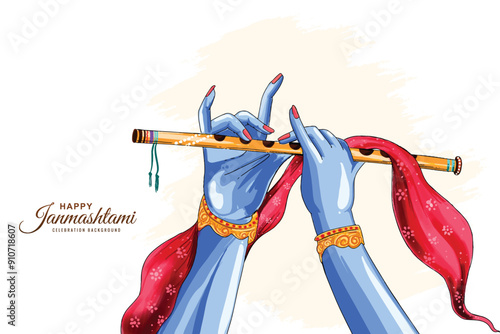 Beautiful happy janmashtami with lord krishna hand playing bansuri festival design