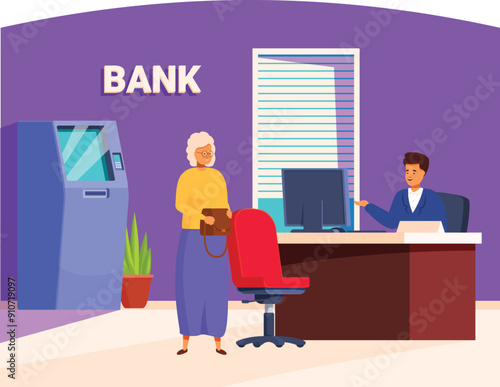 Elderly woman is standing at a bank teller's desk, discussing her finances