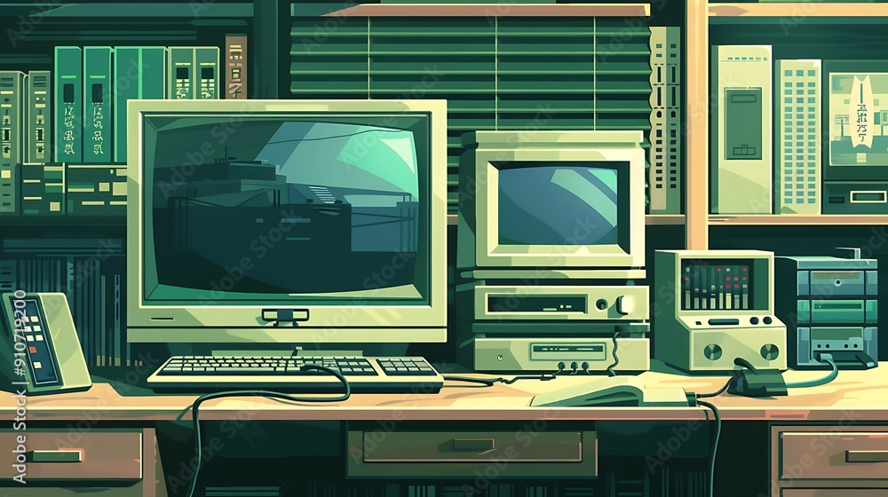 Retro Computer Setup with Bookshelf and Desk. Retro Computer Setup with Bookshelf and Desk.