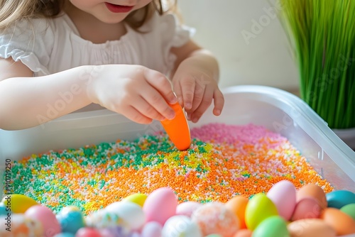 A little girl playing with colored rice and Easter eggs in sensory bin. Easter sensory bin with bright rice and eggs, bunny, carrot. Sensory play and holidays activity for kids. Happy Easter concept.