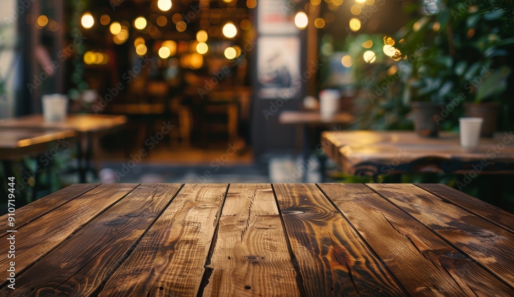 Wooden Tabletop with Blurred Cafe Background Wooden Tabletop with Blurred Cafe Background
