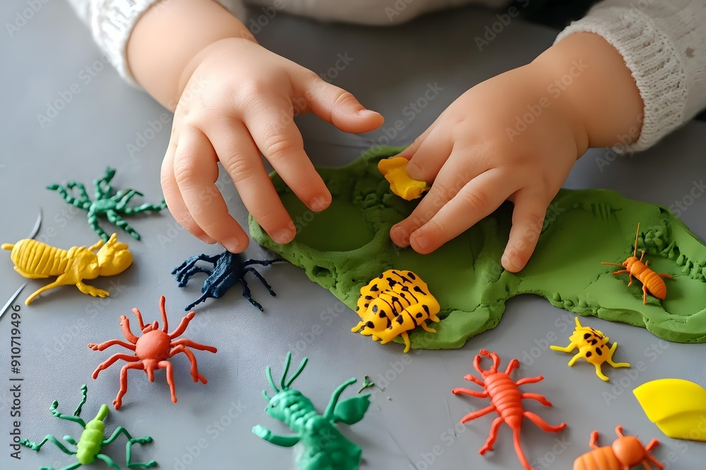 Child hands playing with toy insects. Educational game Bug Fossils made ...