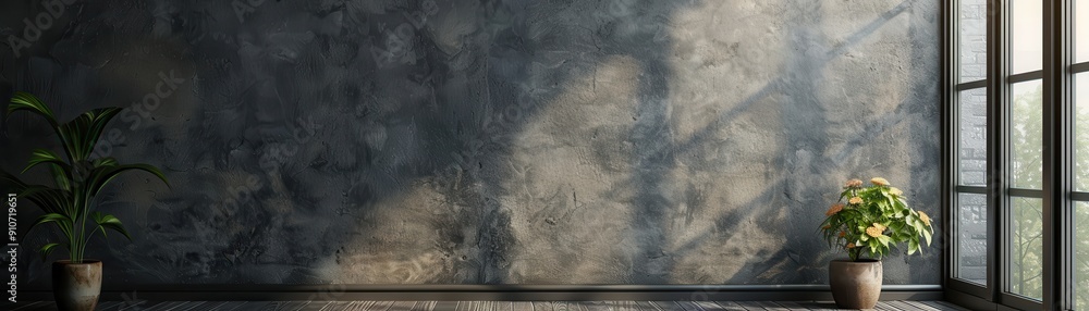 Naklejka premium Sunlit Modern Interior with Concrete Wall and Potted Plants by Large Window