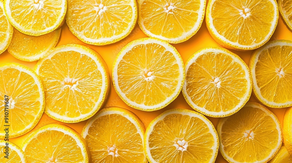 Obraz premium Close-Up of Sliced Oranges on a Yellow Background