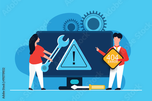 Pair of servicemen or repairmen holding and carrying repair tools against computer monitor concept