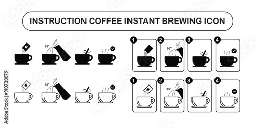 Instruction How to Brewing Instant Coffee. Flat Line Vector Illustration and Icons set