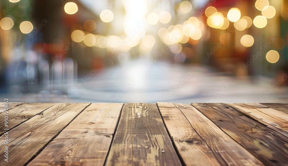 Wooden Tabletop with Blurred City Lights Background Wooden Tabletop with Blurred City Lights Background