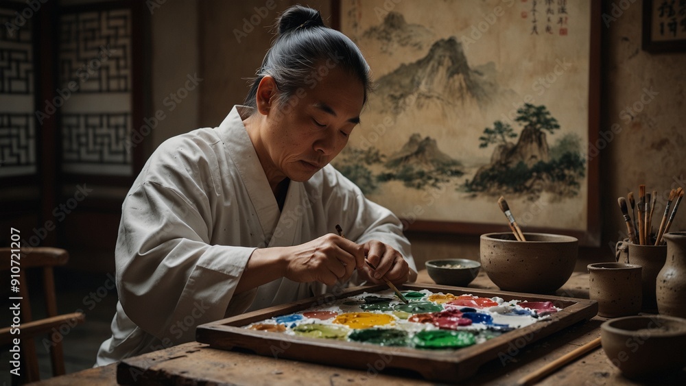 Fototapeta premium An ancient Chinese painter working on a landscape painting, surrounded by brushes and paints.
