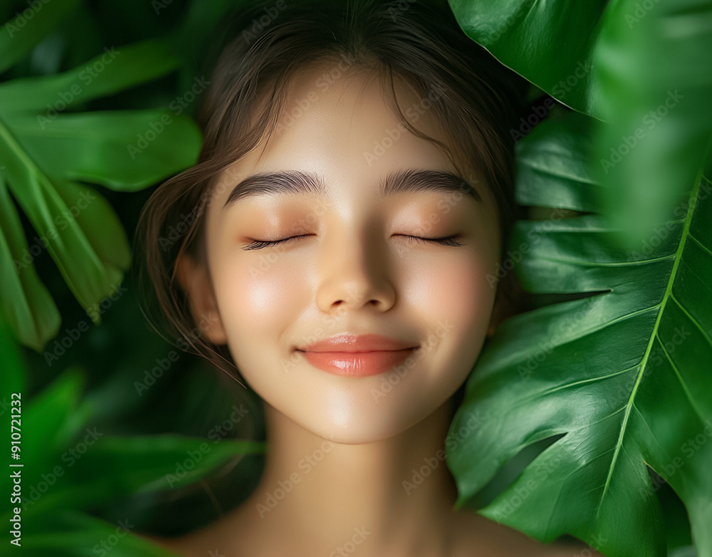 Japanese woman with eyes closed and a content smile amidst lush green tropical leaves. Japanese woman with eyes closed and a content smile amidst lush green tropical leaves.