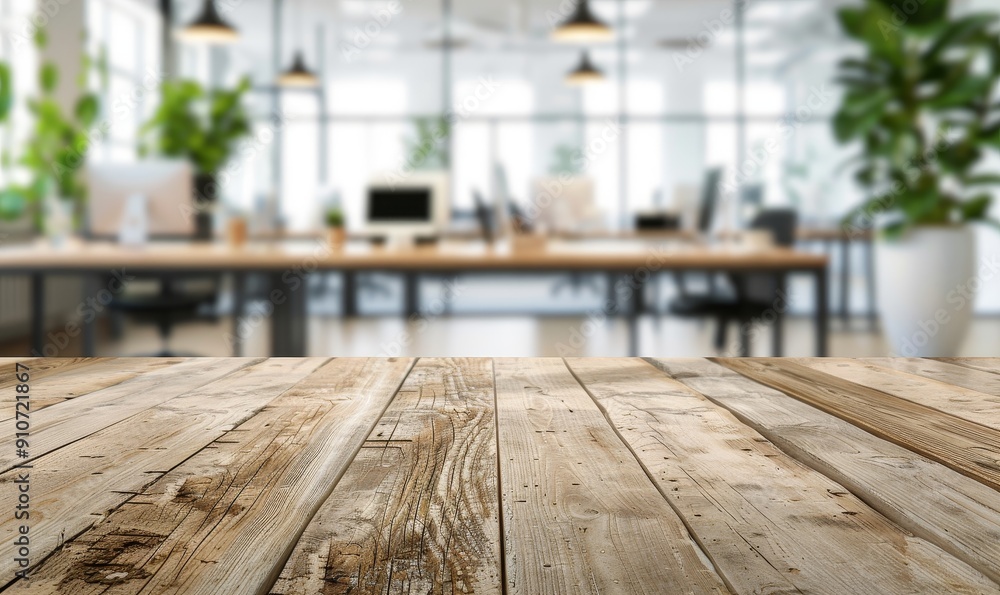 Rustic Wooden Tabletop Against a Blurred Office Background Rustic Wooden Tabletop Against a Blurred Office Background