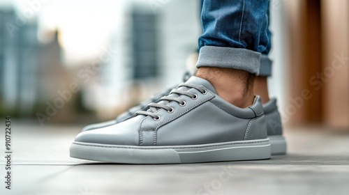 Grey Leather Sneakers with Jeans in City Setting