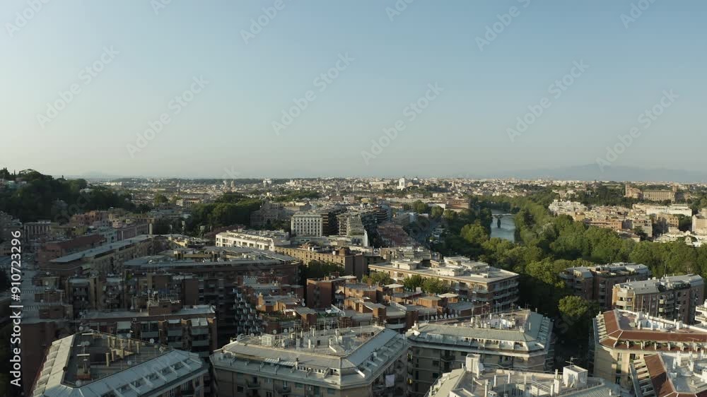 Drone ascends from top of buildings to reveal sweeping view of Trastevere neighborhood Rome Italy Drone ascends from top of buildings to reveal sweeping view of Trastevere neighborhood Rome Italy
