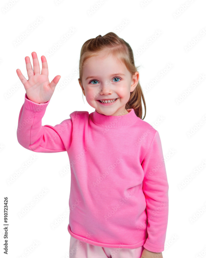 Girl says hello, waves hand and smiles happy at you, stands over, isolated on white background. Generative AI. Girl says hello, waves hand and smiles happy at you, stands over, isolated on white background. Generative AI.