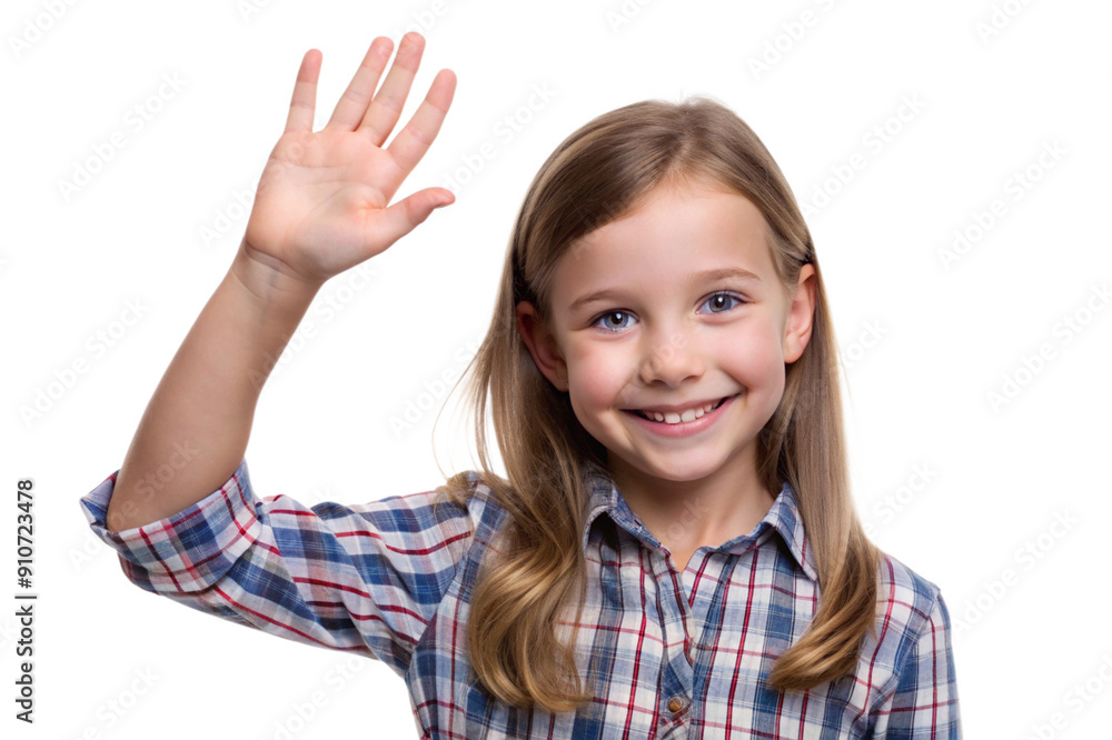 Girl says hello, waves hand and smiles happy at you, stands over, isolated on white background. Generative AI. Girl says hello, waves hand and smiles happy at you, stands over, isolated on white background. Generative AI.