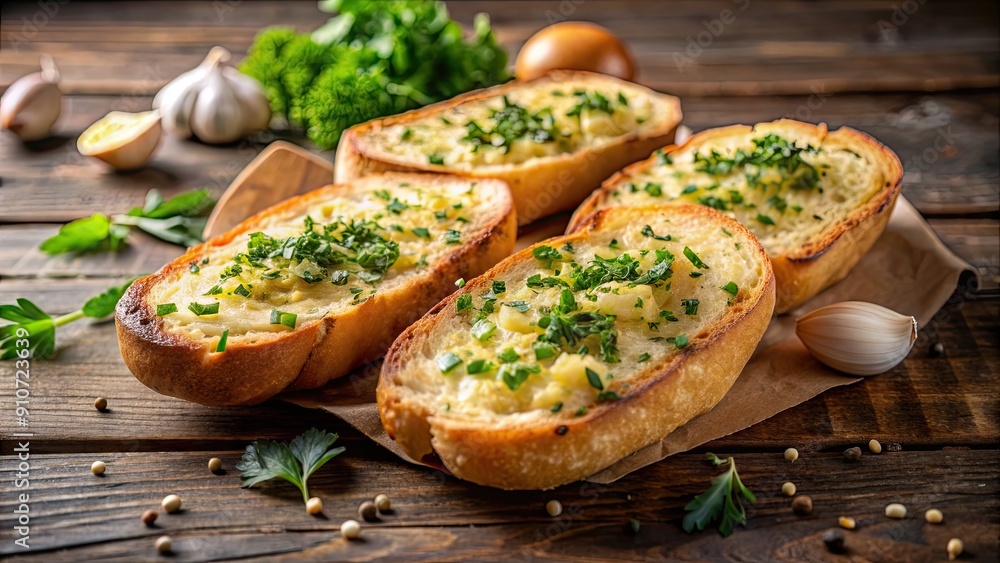 Delicious garlic bread topped with melted butter and herbs, food, bread, garlic, butter, tasty, appetizer, snack, bakery Delicious garlic bread topped with melted butter and herbs, food, bread, garlic, butter, tasty, appetizer, snack, bakery