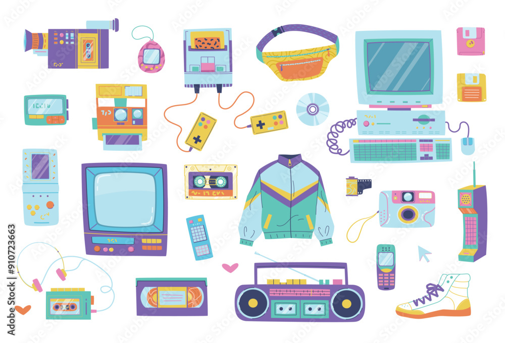 © Ксения Хомякова - Set of objects from the 1980s 1990s. Record player, cassette player, computer, mobile phone, camera, game console, pager, tamagotchi, TV, cassette, disc, diskette, waist bag, windbreaker, sneaker © Ксения Хомякова - Set of objects from the 1980s 1990s. Record player, cassette player, computer, mobile phone, camera, game console, pager, tamagotchi, TV, cassette, disc, diskette, waist bag, windbreaker, sneaker
