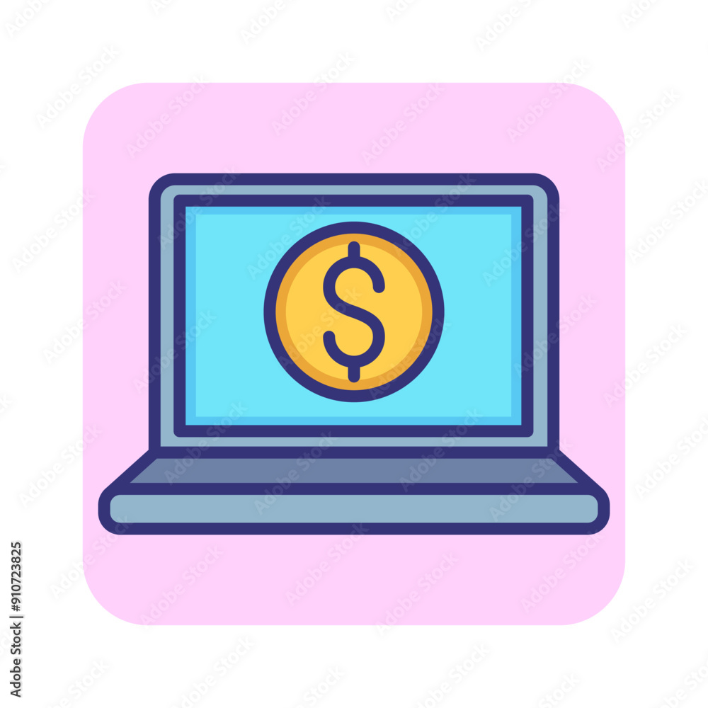 Internet banking line icon. Dollar coin on laptop screen. Finance concept. Can be used for topics like finance management, online payment, ecommerce Internet banking line icon. Dollar coin on laptop screen. Finance concept. Can be used for topics like finance management, online payment, ecommerce