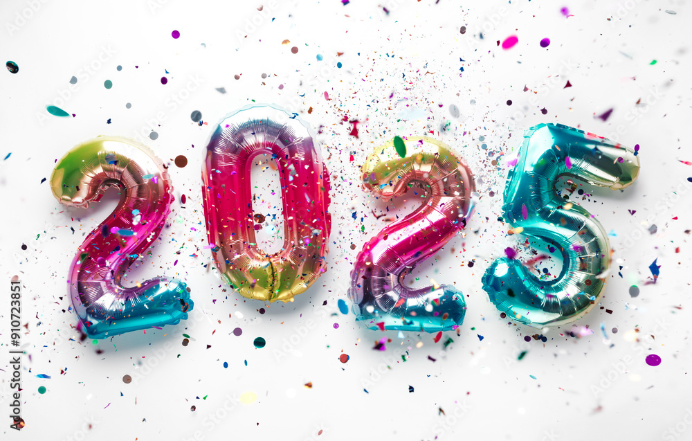 Happy new year 2025 balloons with colorful confetti