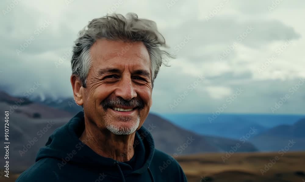 Headshot portrait video of a satisfied man in his 40s wearing a stylish hoodie against a windswept or dramatic landscape background Headshot portrait video of a satisfied man in his 40s wearing a stylish hoodie against a windswept or dramatic landscape background