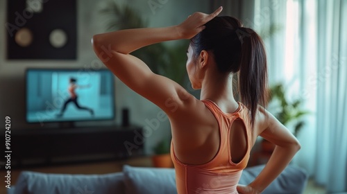 Wallpaper Mural Woman doing home workout, following online tutorial Torontodigital.ca