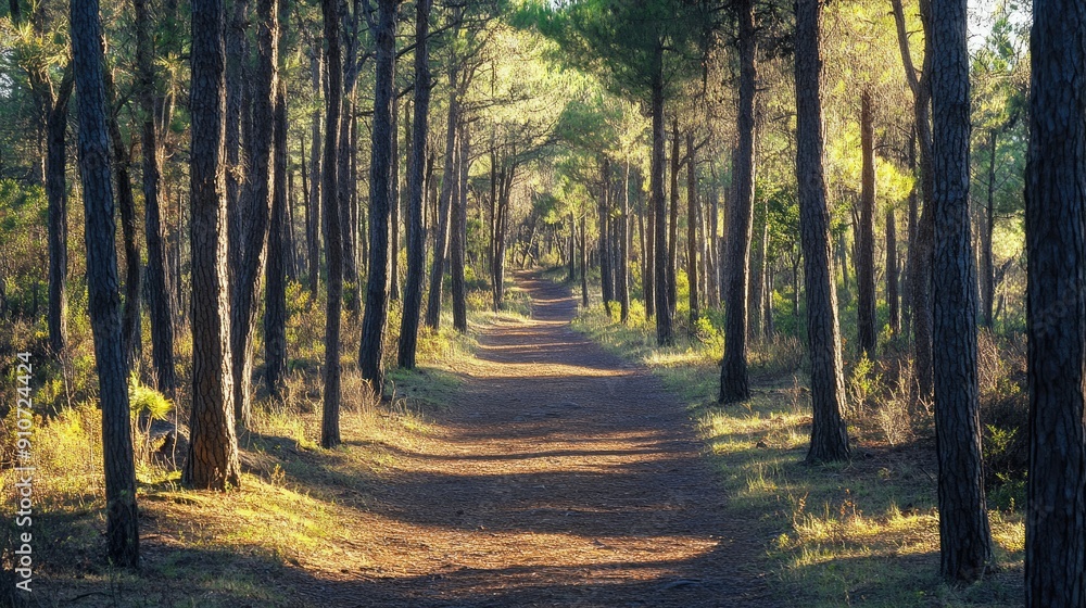 Sunlit Path Winding Through a Dense Pine Forest Sunlit Path Winding Through a Dense Pine Forest