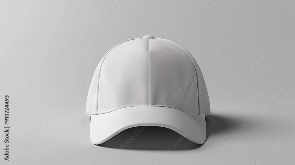White baseball cap on light gray background Simple clean sportswear accessory with curved brim front view White baseball cap on light gray background Simple clean sportswear accessory with curved brim front view