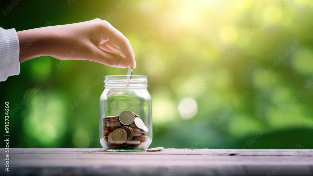 Photo of hand putting Coins in glass jar for giving and donation concept. Photo of hand putting Coins in glass jar for giving and donation concept.