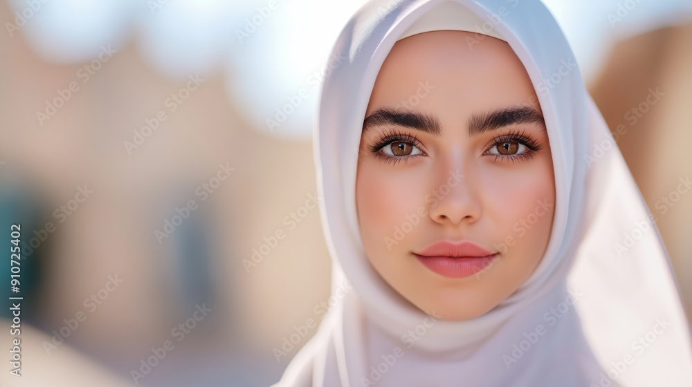 Young woman in white hijab smiling gently against a blurred background in natural light. Young woman in white hijab smiling gently against a blurred background in natural light.